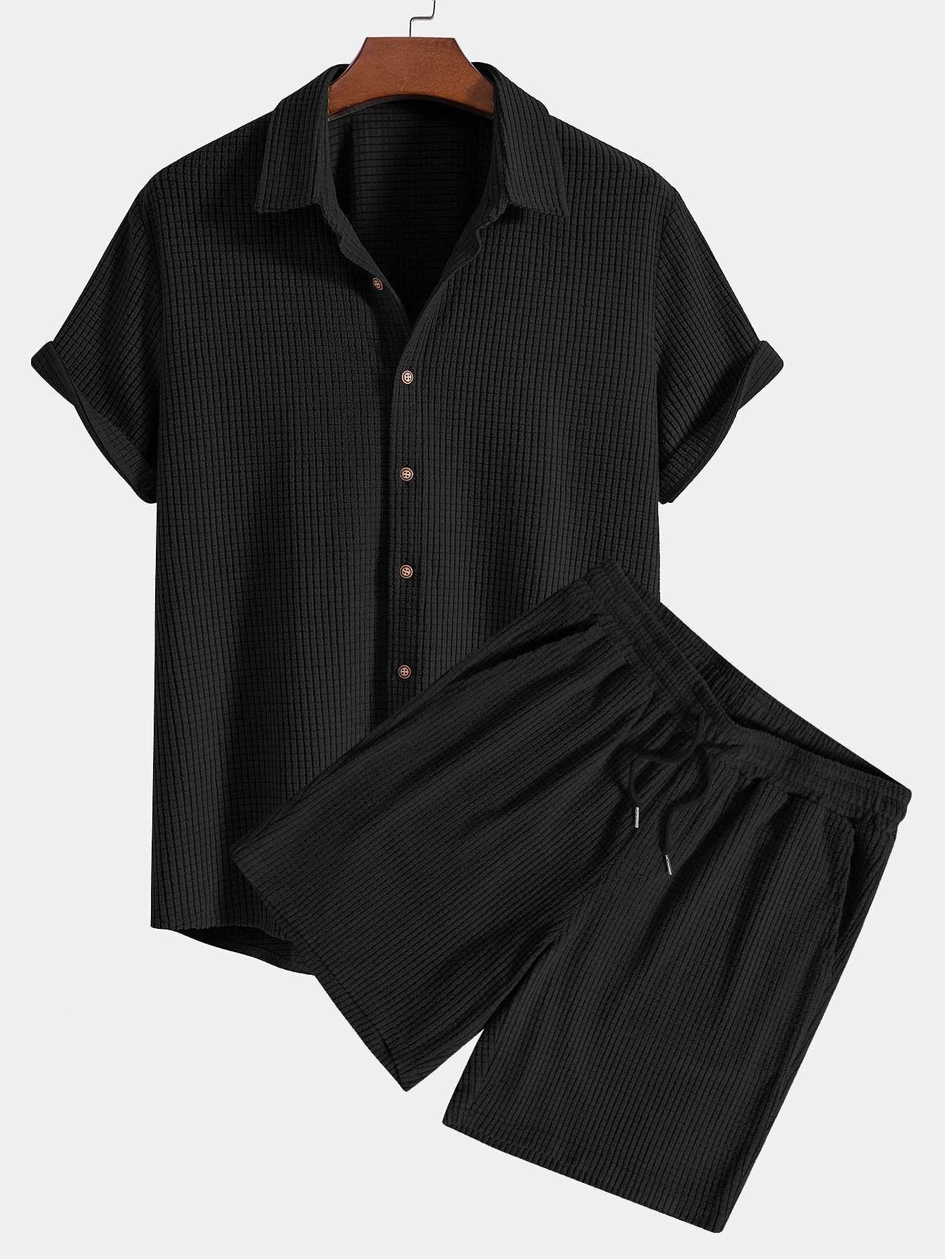 Completo camicia e pantaloncini in maglia a nido d'ape con bottoni