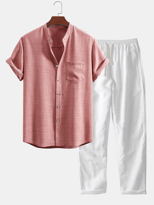 Short Sleeve Stand Collar Shirt with Straight Leg Linen Trousers