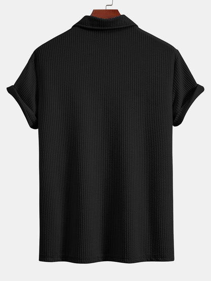 V-Neck Ribbed Polo with Short Sleeves & Straight Leg Ribbed Trousers