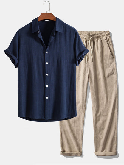 Linen-Rayon Blend Button-Up Shirt with Wrinkle-Textured Straight-Leg Pants