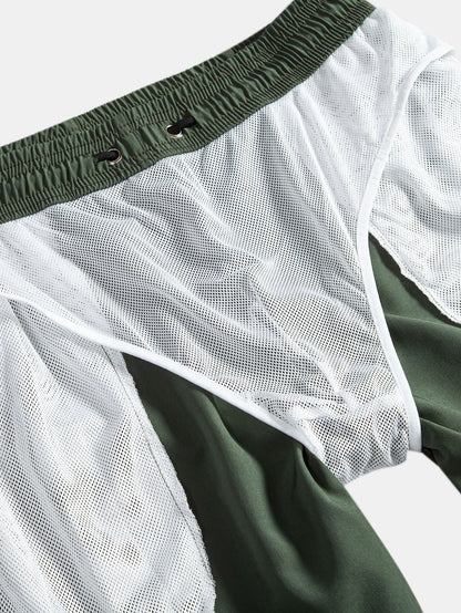 Button-Up Shirt & Swim Shorts Set with Palm Tree Color Block Design