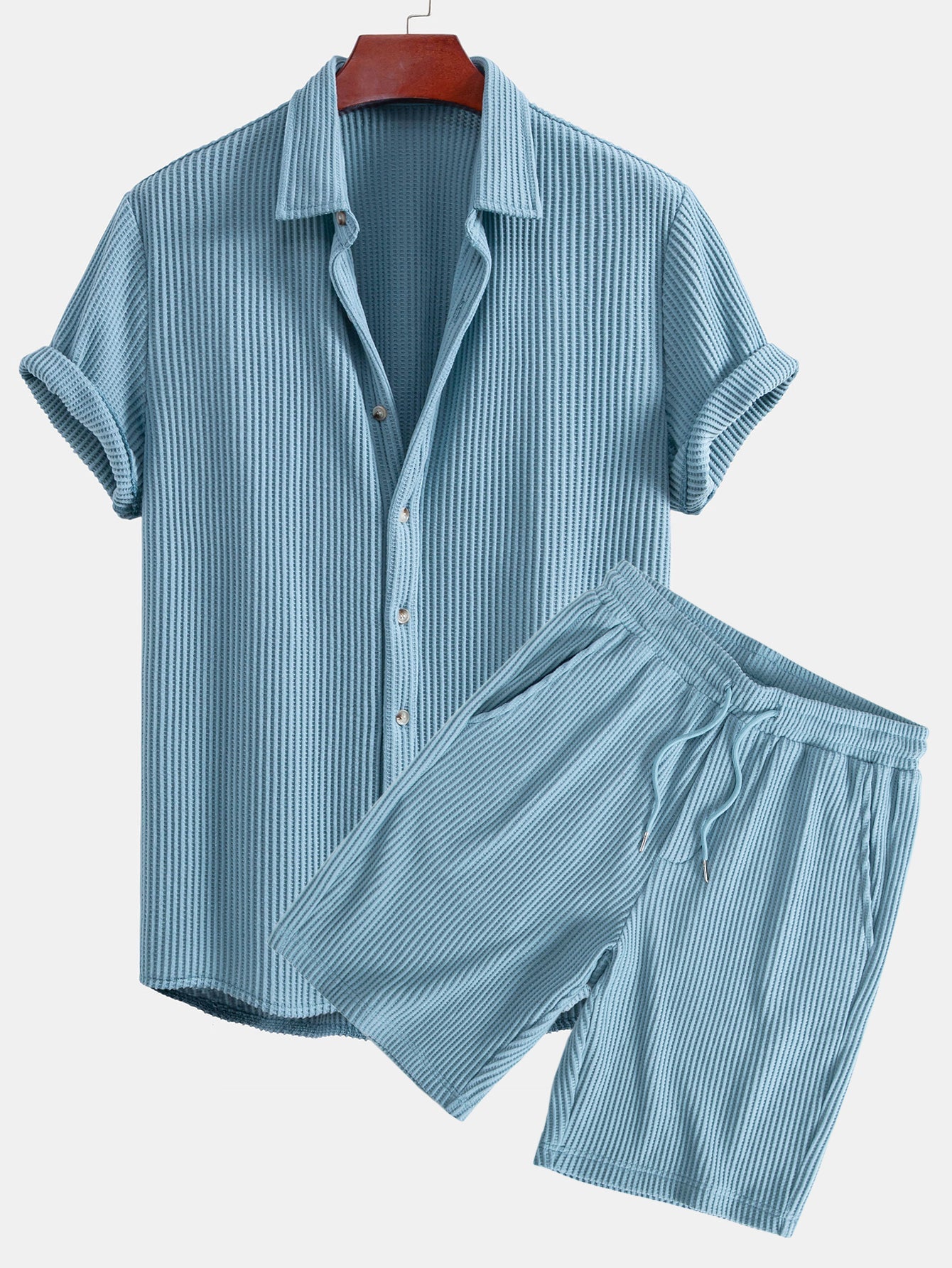 Chemise boutonnée gaufrée avec short gaufré à cordon assorti
