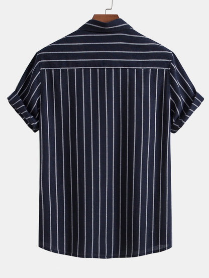 Striped Cotton Blend Button-Up Shirt with Straight-Leg Linen Trousers