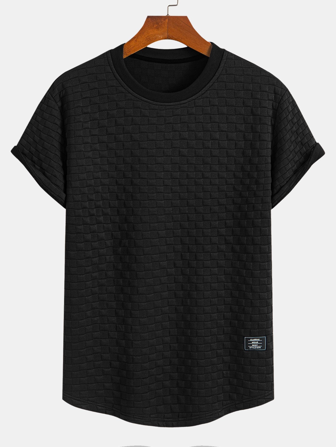 Checkerboard Jacquard Curved Hem T-Shirt