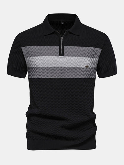 Textured Jacquard Knit Zip-Up Polo with Contrast Details