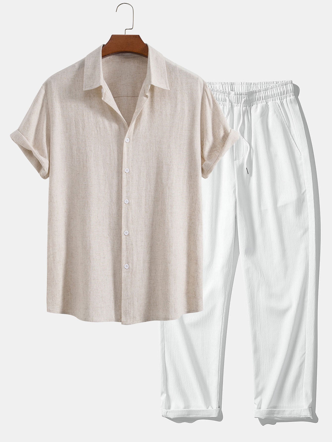 Linen-Rayon Blend Button-Up Shirt with Wrinkle-Textured Straight-Leg Pants