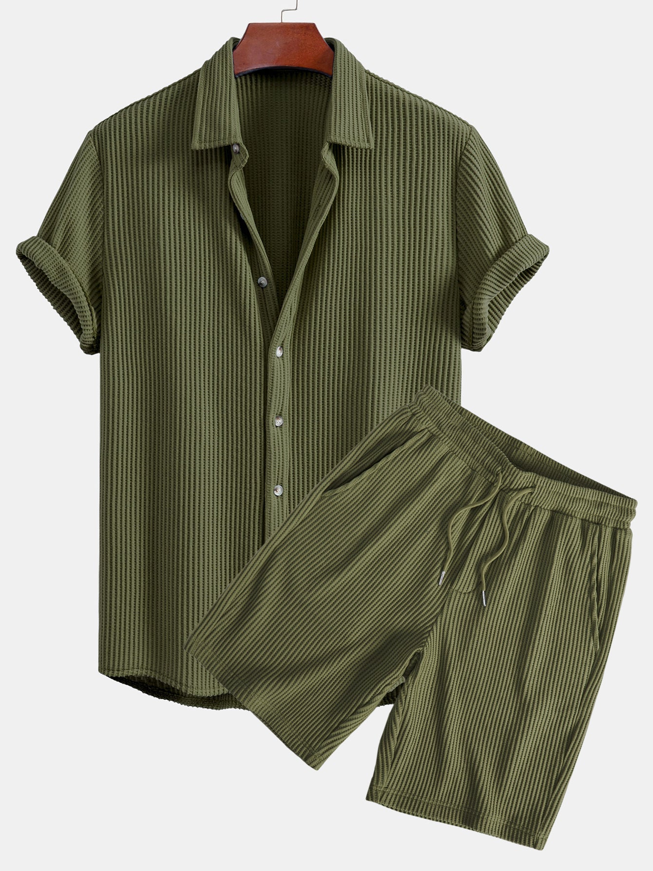 Chemise boutonnée gaufrée avec short gaufré à cordon assorti