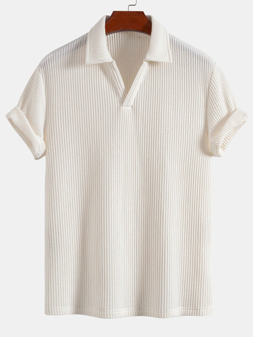 V-Neck Polo with Short Sleeves and Waffle Texture