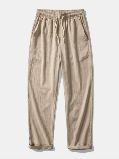 Linen-Rayon Blend Button-Up Shirt with Wrinkle-Textured Straight-Leg Pants
