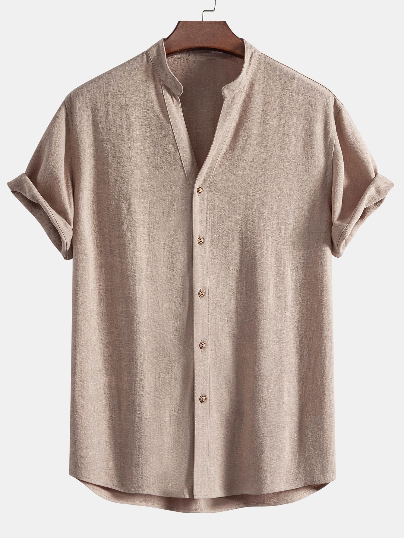 V-Neck Short Sleeve Linen-Rayon Blend Shirt