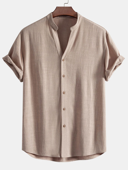 V-Neck Short Sleeve Linen-Rayon Blend Shirt