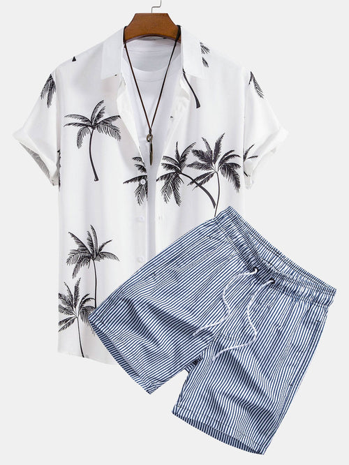 Button-Up Shirt with Palm Tree Print & Striped Swim Shorts