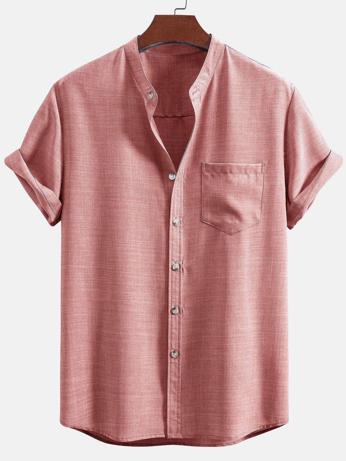 Short Sleeve Stand Collar Shirt with Straight Leg Linen Trousers