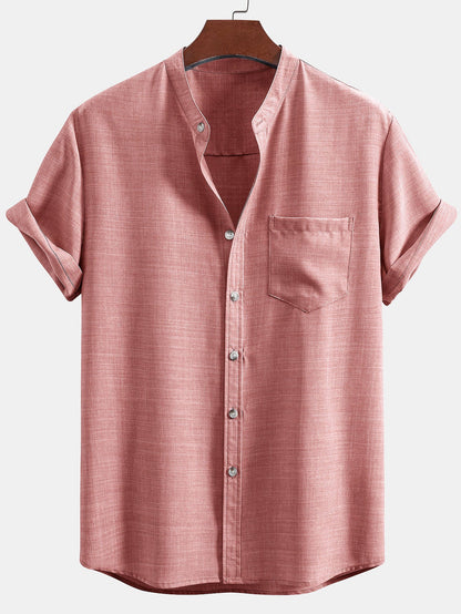 Short Sleeve Stand Collar Shirt with Straight Leg Linen Trousers
