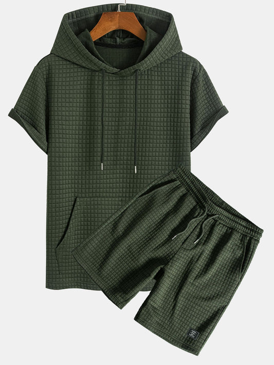 Waffle Knit Hooded T-Shirt with Kangaroo Pocket & Matching Shorts