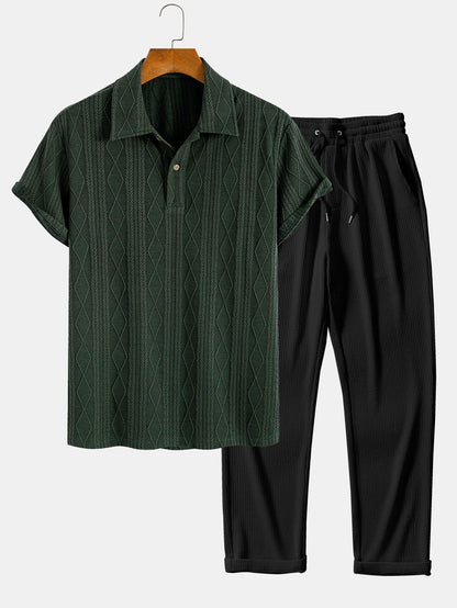 Geometric Rhombus Jacquard Knit Polo with Straight Leg Ribbed Trousers