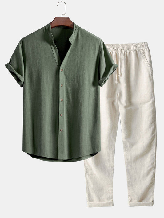 V-Neck Linen-Rayon Blend Top with Straight-Leg Linen Trousers