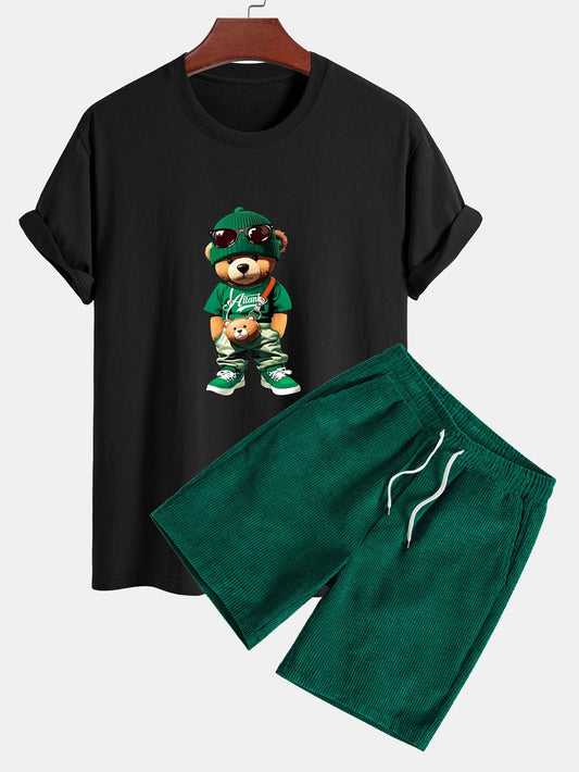 T-shirt in cotone con stampa orso alla moda, vestibilità regolare e pantaloncini in velluto a coste con coulisse