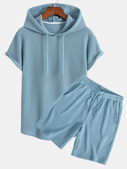T-shirt con cappuccio in maglia a nido d'ape, orlo ad arco e pantaloncini a nido d'ape con coulisse