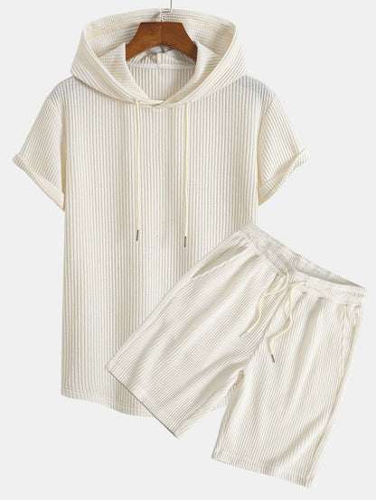 T-shirt con cappuccio in maglia a nido d'ape, orlo ad arco e pantaloncini a nido d'ape con coulisse