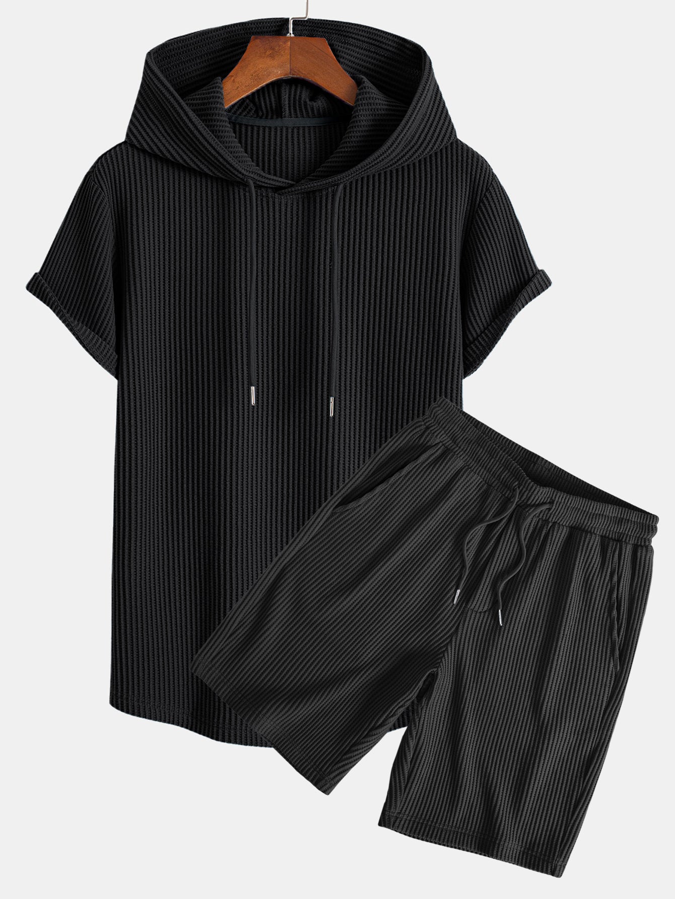 T-shirt con cappuccio in maglia a nido d'ape, orlo ad arco e pantaloncini a nido d'ape con coulisse