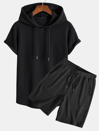 T-shirt con cappuccio in maglia a nido d'ape, orlo ad arco e pantaloncini a nido d'ape con coulisse