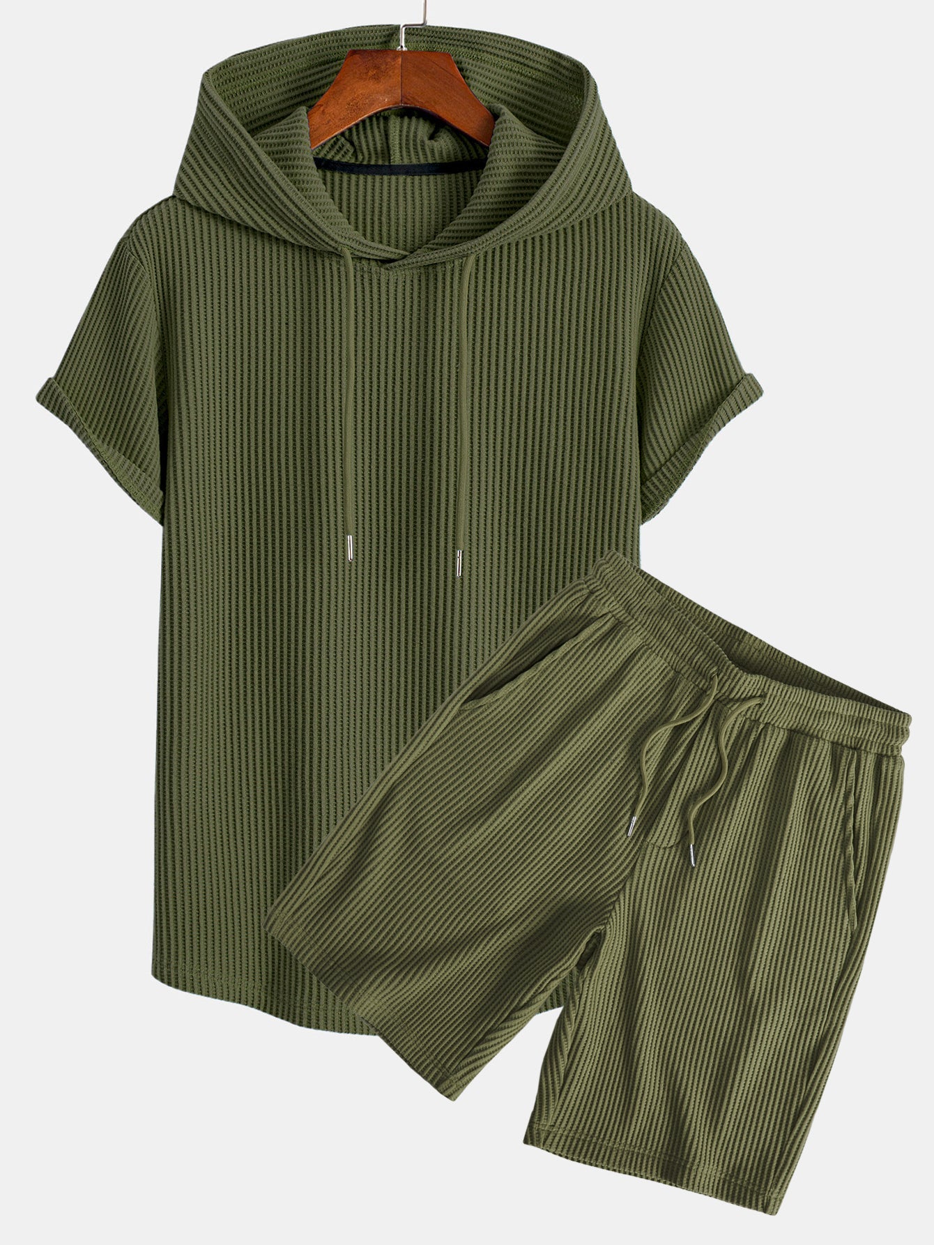 T-shirt con cappuccio in maglia a nido d'ape, orlo ad arco e pantaloncini a nido d'ape con coulisse