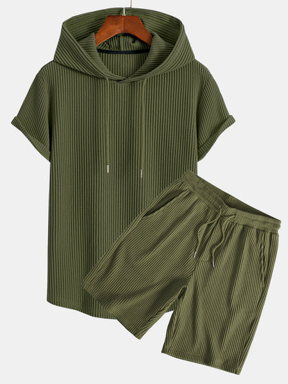 T-shirt con cappuccio in maglia a nido d'ape, orlo ad arco e pantaloncini a nido d'ape con coulisse