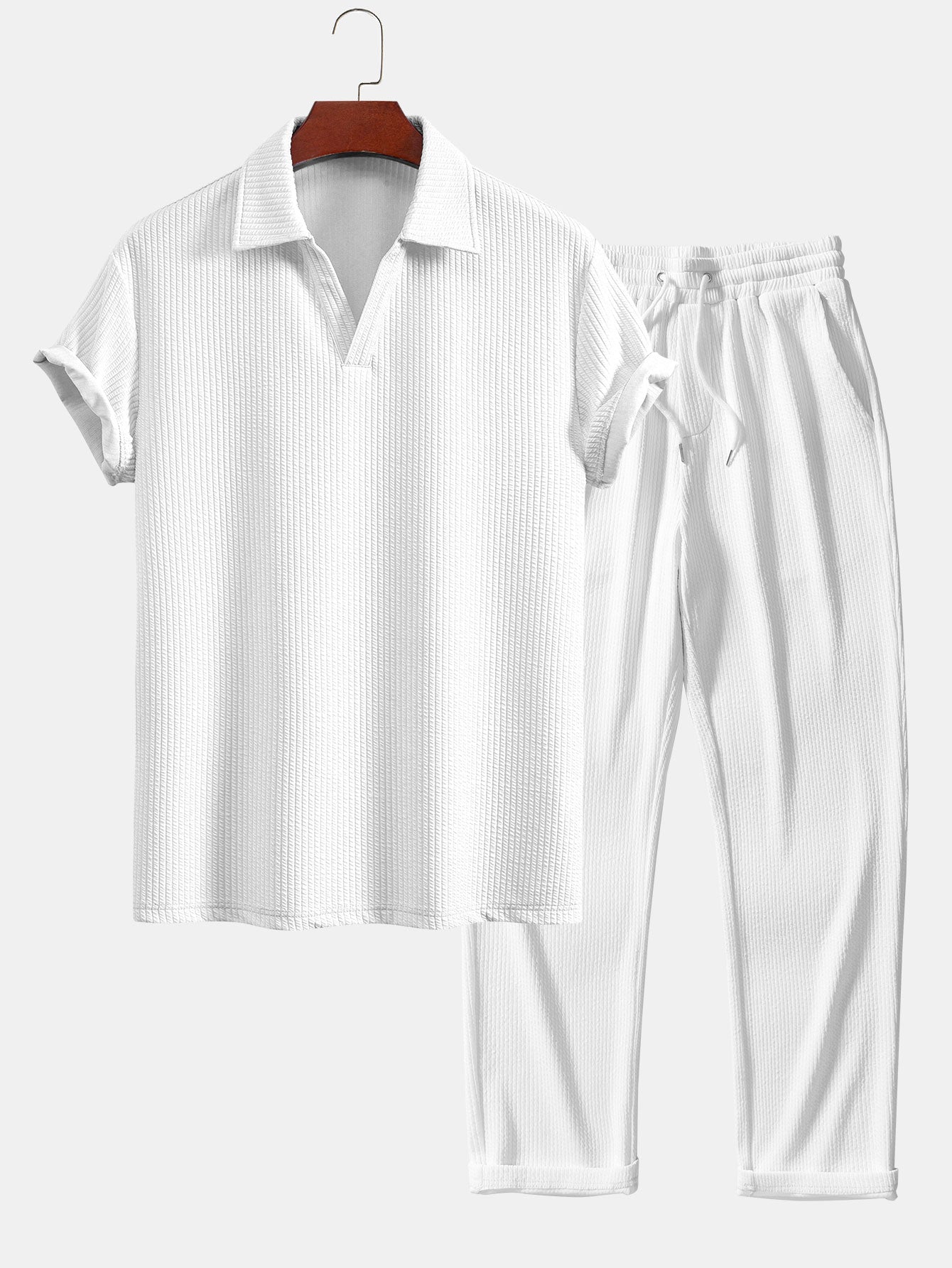 V-Neck Ribbed Polo with Short Sleeves & Straight Leg Ribbed Trousers