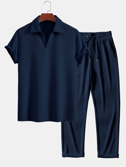 V-Neck Ribbed Polo with Short Sleeves & Straight Leg Ribbed Trousers