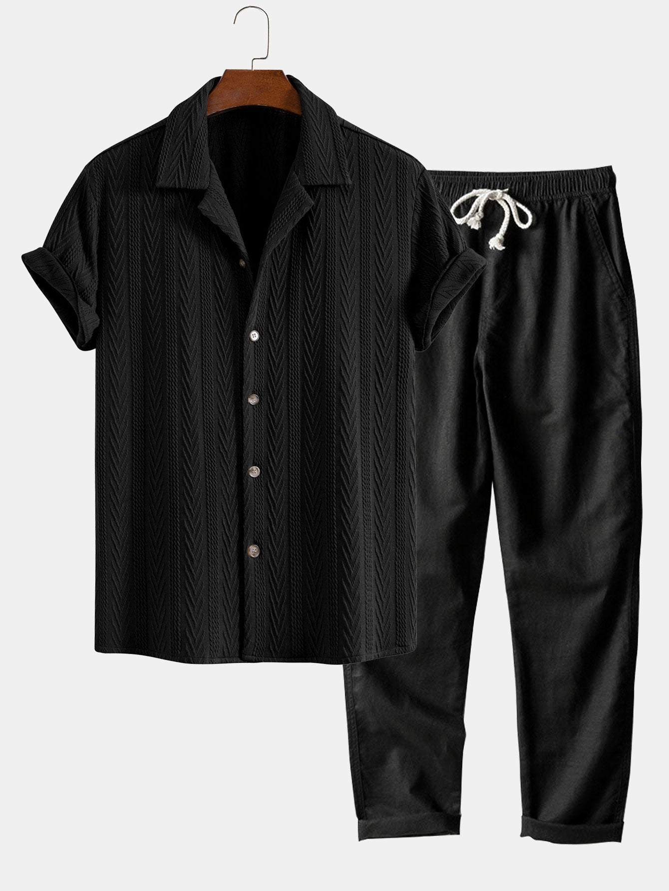Textured Jacquard Cuban Shirt with Straight-Leg Linen Trousers