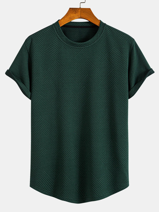 Striped Short Sleeve Jacquard T-Shirt with Arc Hem
