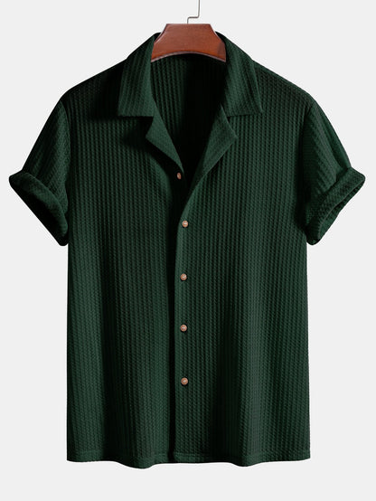 Short Sleeve Waffle Knit Cuban Shirt with Straight Leg Linen Trousers