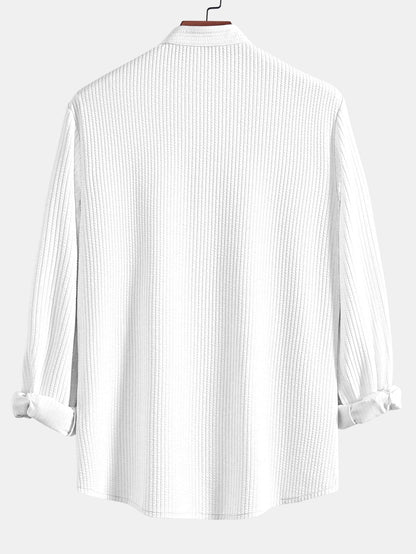 Ribbed Stand Collar Shirt with Long Sleeves and Muscle Fit