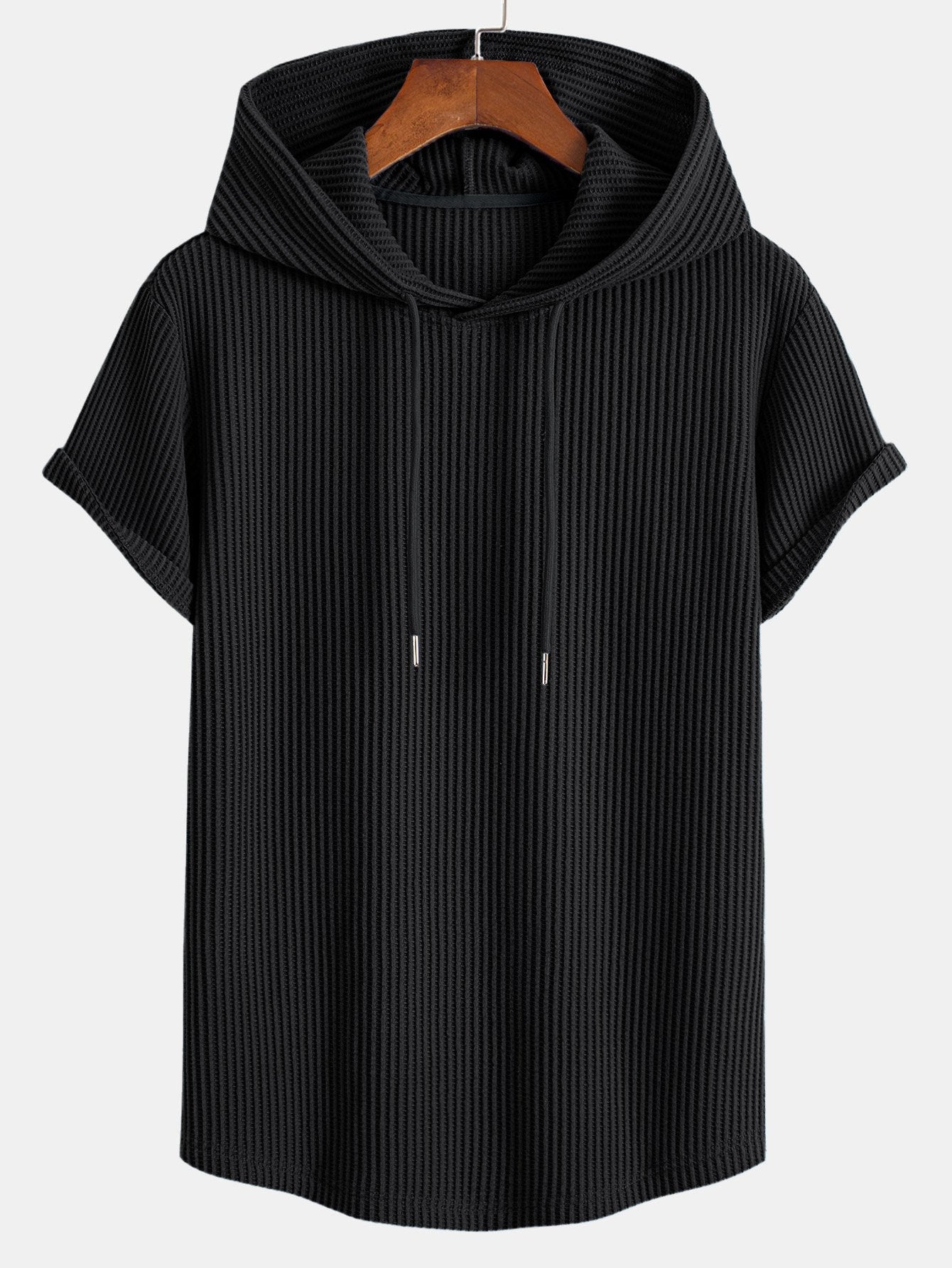 Waffle Knit Hooded T-Shirt with Arc Hem & Drawstring Waffle Shorts