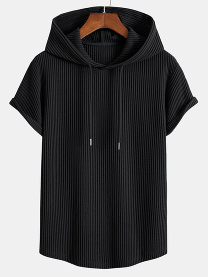 Waffle Knit Hooded T-Shirt with Arc Hem & Drawstring Waffle Shorts