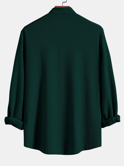 Ribbed Stand Collar Shirt with Long Sleeves and Muscle Fit