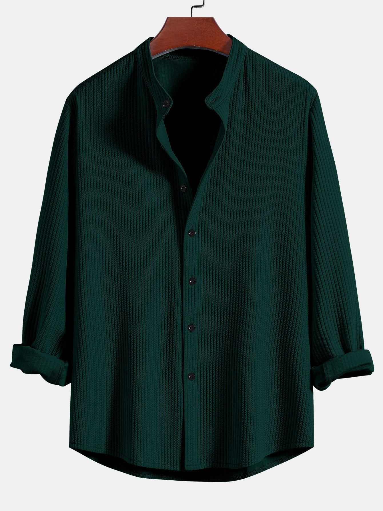 Ribbed Stand Collar Shirt with Long Sleeve and Muscle Fit