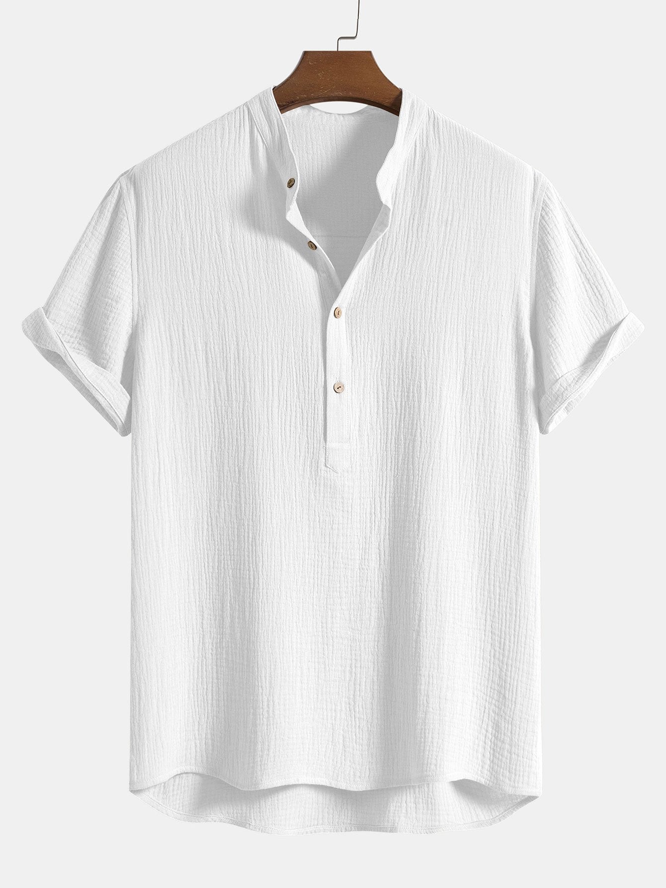 Wrinkled Cotton Henley Shirt with Half Open Placket and Collar