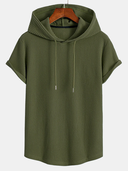 T-shirt con cappuccio in maglia a nido d'ape, orlo ad arco e pantaloncini a nido d'ape con coulisse