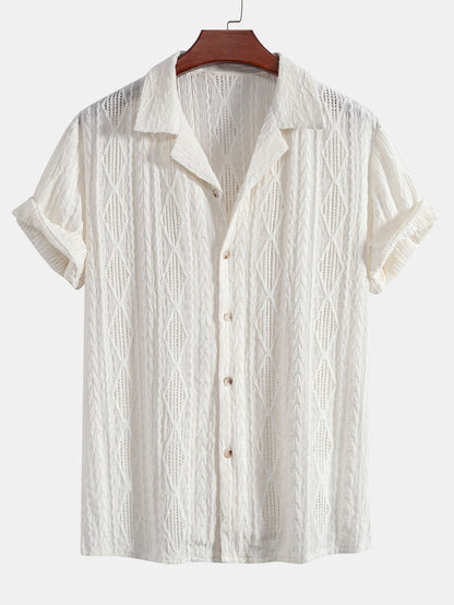 Geometric Jacquard Cuban Collar Shirt with Straight-Leg Linen Trousers