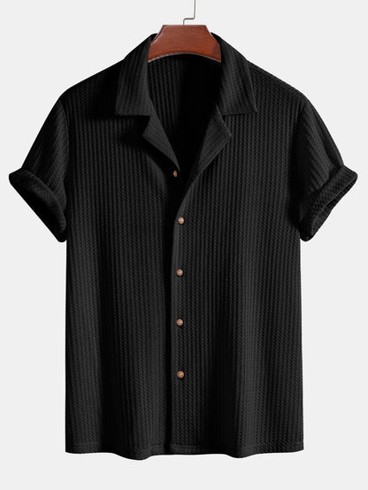 Short Sleeve Waffle Knit Cuban Shirt with Straight Leg Linen Trousers