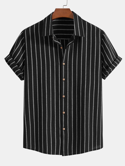 Striped Cotton Blend Button-Up Shirt with Straight-Leg Linen Trousers