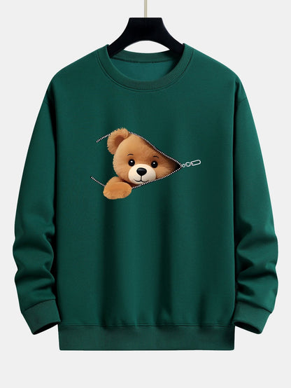 Relaxed Fit Sweatshirt with Zipper and Bear Print