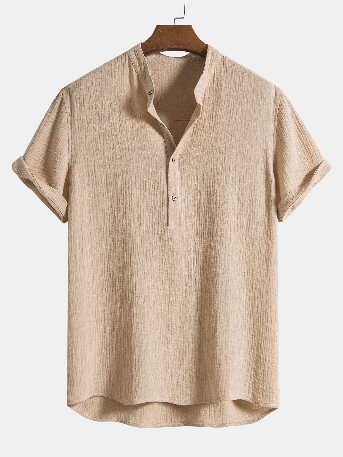 Camicia Henley in cotone stropicciato con patta semiaperta