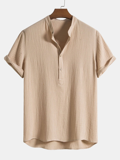 Camicia Henley in cotone stropicciato con patta semiaperta