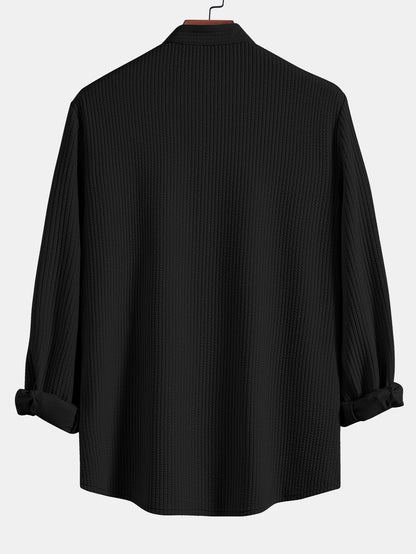 Ribbed Stand Collar Shirt with Long Sleeves and Muscle Fit