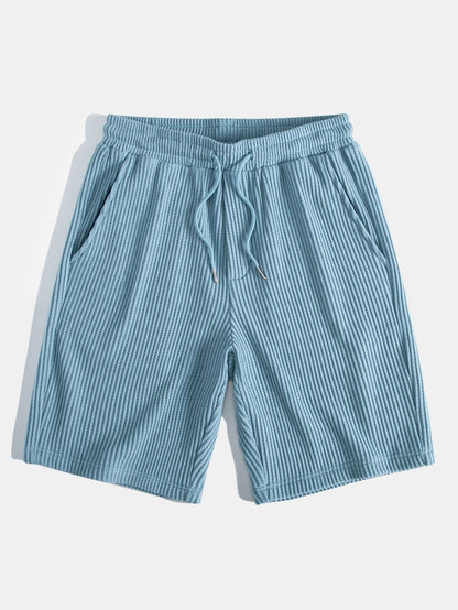 Waffle Knit Hooded T-Shirt with Arc Hem & Drawstring Waffle Shorts