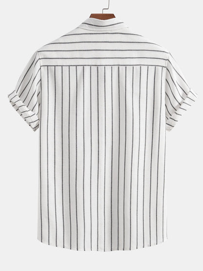 Striped Button-Up Shirt in Cotton Blend with Linen Drawstring Shorts