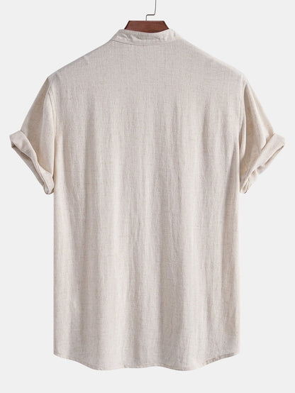 Short Sleeve V-Neck Linen-Rayon Blend Shirt with Wrinkle-Textured Straight Leg Pants